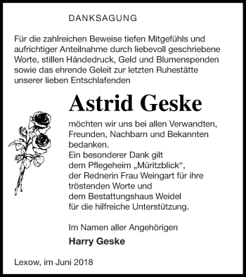 Traueranzeige von Astrid Geske von Müritz-Zeitung