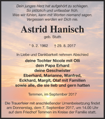 Traueranzeige von Astrid Hanisch von Templiner Zeitung