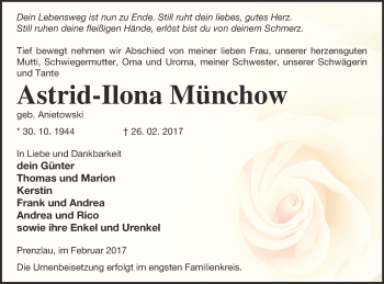 Traueranzeige von Astrid-Ilona Münchow von Prenzlauer Zeitung