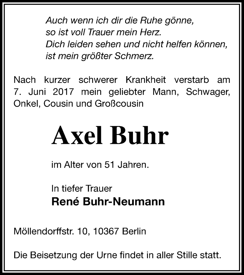  Traueranzeige für Axel Buhr vom 15.06.2017 aus Mecklenburger Schweiz