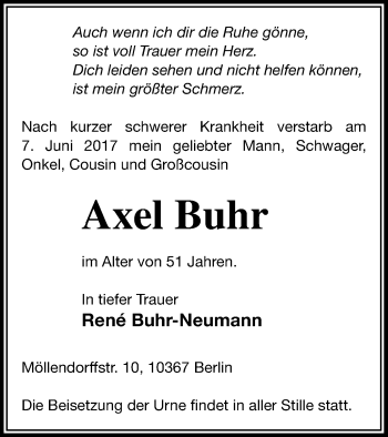 Traueranzeige von Axel Buhr von Mecklenburger Schweiz