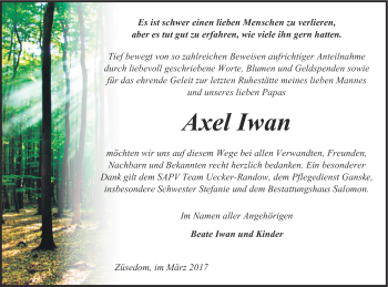 Traueranzeige von Axel Iwan von Pasewalker Zeitung