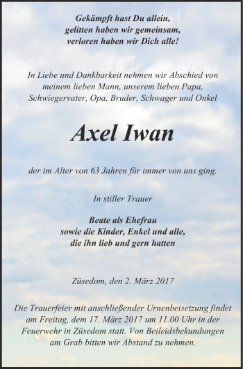 Traueranzeige von Axel Iwan von Pasewalker Zeitung