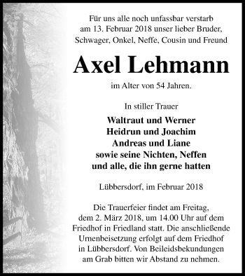 Traueranzeige von Axel Lehmann von Neubrandenburger Zeitung