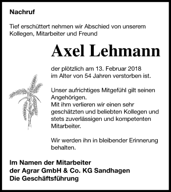 Traueranzeige von Axel Lehmann von Neubrandenburger Zeitung