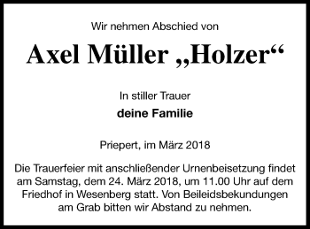 Traueranzeige von Axel Müller von Strelitzer Zeitung