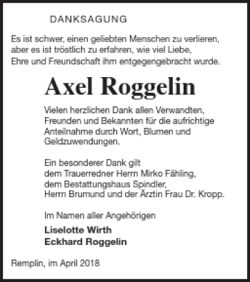 Traueranzeige von Axel Roggelin von Mecklenburger Schweiz