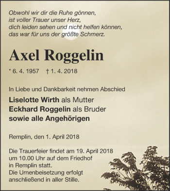 Traueranzeige von Axel Roggelin von Mecklenburger Schweiz