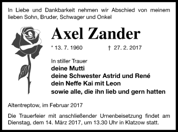 Traueranzeige von Axel Zander von Neubrandenburger Zeitung