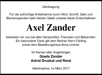Traueranzeige von Axel Zander von Neubrandenburger Zeitung