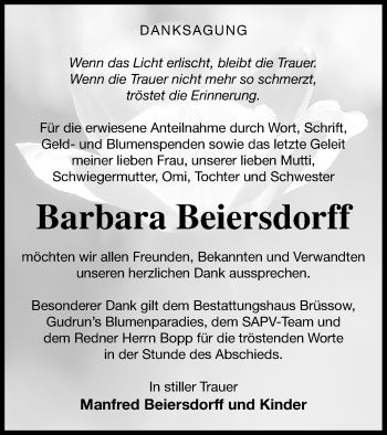 Traueranzeige von Barbara Beiersdorff von Pasewalker Zeitung