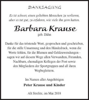 Traueranzeige von Barbara Krause von Strelitzer Zeitung