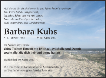 Traueranzeige von Barbara Kuhs von Haff-Zeitung