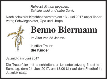 Traueranzeige von Benno Biermann von Pasewalker Zeitung