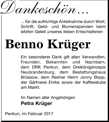 Traueranzeige von Benno Krüger von Pasewalker Zeitung