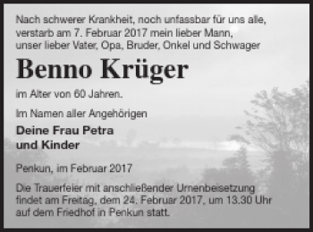 Traueranzeige von Benno Krüger von Pasewalker Zeitung