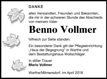 Traueranzeige von Benno Vollmer von Templiner Zeitung