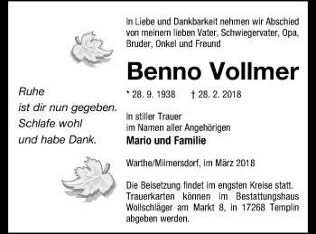 Traueranzeige von Benno Vollmer von Templiner Zeitung