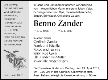 Traueranzeige von Benno Zander von Vorpommern Kurier