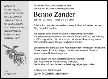 Traueranzeige von Benno Zander von Vorpommern Kurier