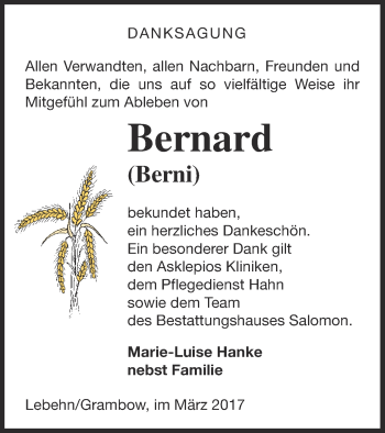 Traueranzeige von Bernard  von Pasewalker Zeitung