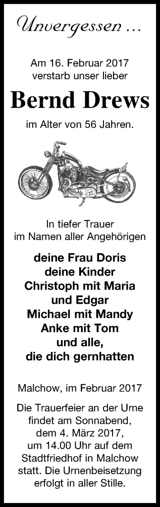 Traueranzeige von Bernd Drews von Müritz-Zeitung