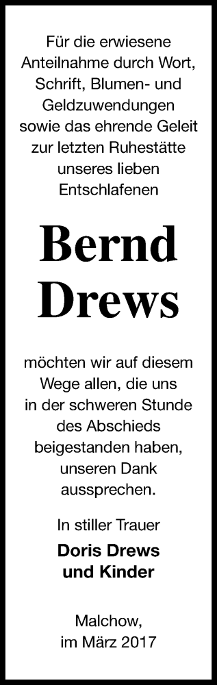 Traueranzeige von Bernd Drews von Müritz-Zeitung