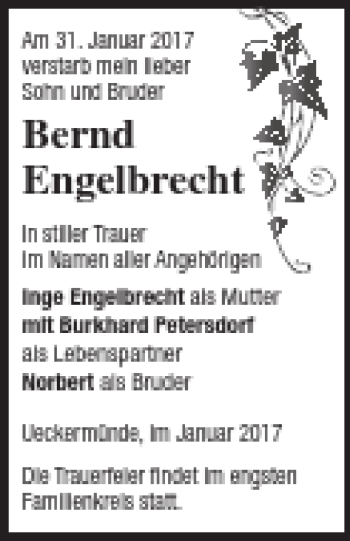 Traueranzeige von Bernd Engelbrecht von Haff-Zeitung