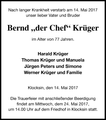 Traueranzeige von Bernd Krüger von Müritz-Zeitung