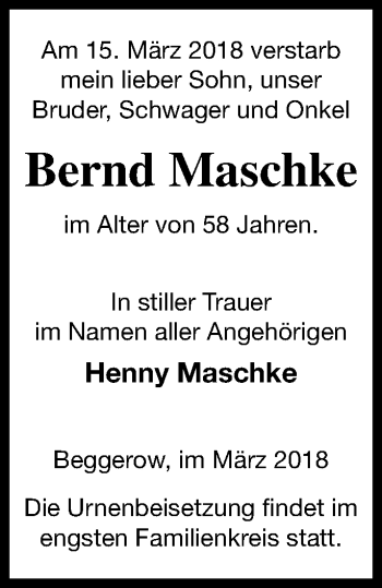 Traueranzeige von Bernd Maschke von Demminer Zeitung