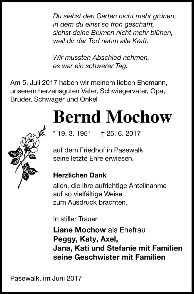  Traueranzeige für Bernd Mochow vom 08.07.2017 aus Pasewalker Zeitung
