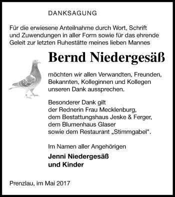Traueranzeige von Bernd Niedergesäß von Prenzlauer Zeitung