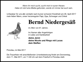Traueranzeige von Bernd Niedergesäß von Prenzlauer Zeitung