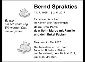 Traueranzeige von Bernd Sprakties von Müritz-Zeitung