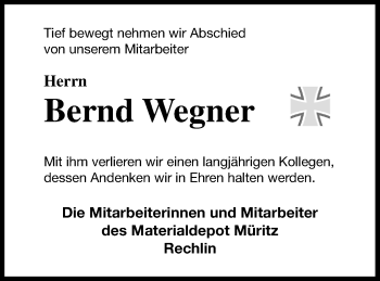 Traueranzeige von Bernd Wegner von Müritz-Zeitung