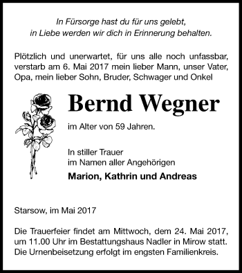 Traueranzeige von Bernd Wegner von Strelitzer Zeitung