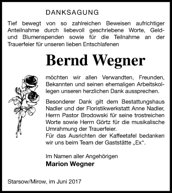 Traueranzeige von Bernd Wegner von Strelitzer Zeitung