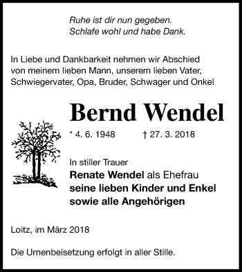 Traueranzeige von Bernd Wendel von Vorpommern Kurier