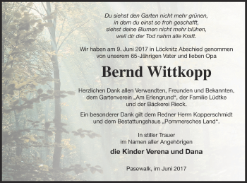 Traueranzeige von Bernd Wittkopp von Pasewalker Zeitung