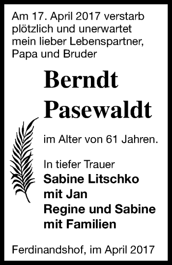 Traueranzeige von Berndt Pasewaldt von Haff-Zeitung