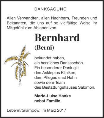 Traueranzeige von Bernhard Hanke von Pasewalker Zeitung