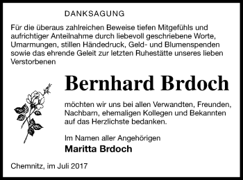 Traueranzeige von Bernhard Brdoch von Demminer Zeitung