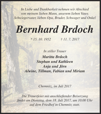 Traueranzeige von Bernhard Brdoch von Demminer Zeitung