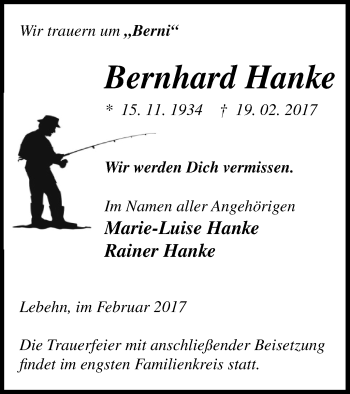 Traueranzeige von Bernhard Hanke von Pasewalker Zeitung