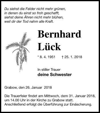 Traueranzeige von Bernhard Lück von Müritz-Zeitung