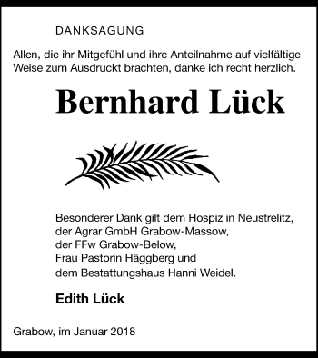 Traueranzeige von Bernhard Lück von Müritz-Zeitung