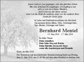 Traueranzeige von Bernhard Mentel von Vorpommern Kurier