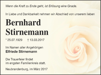 Traueranzeige von Bernhard Stirnemann von Nordkurier Gesamtausgabe