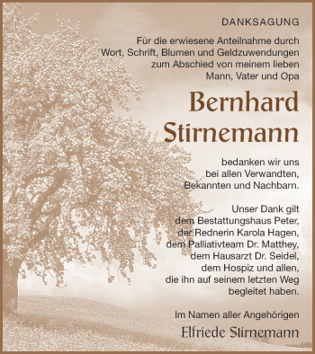 Traueranzeige von Bernhard Stirnemann von Nordkurier Gesamtausgabe