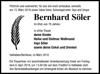 Traueranzeige von Bernhard Söler von Templiner Zeitung